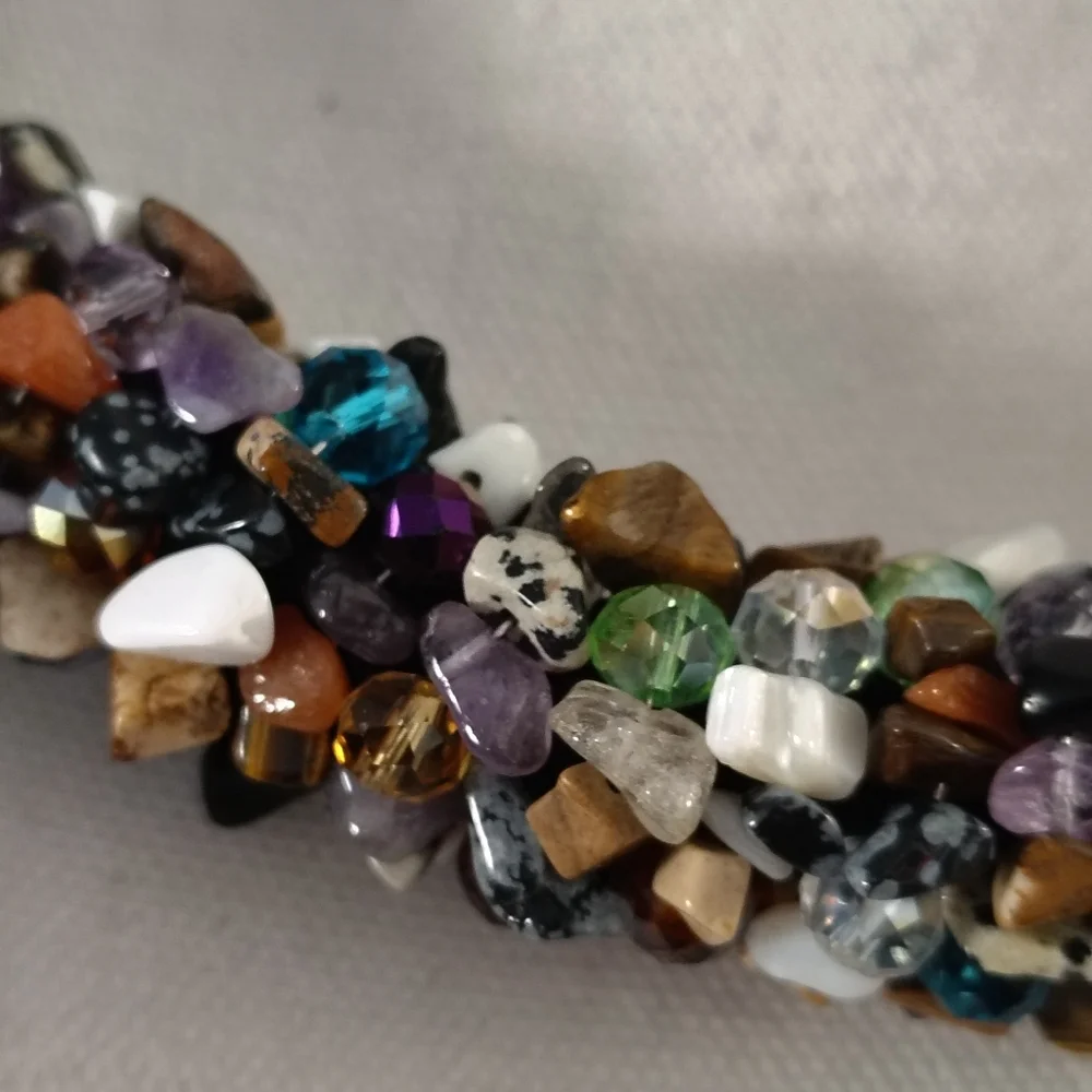 Artisan Crystal Beaded Necklace Scarf Stone Chips Nuggets Wrapped Fringe Black